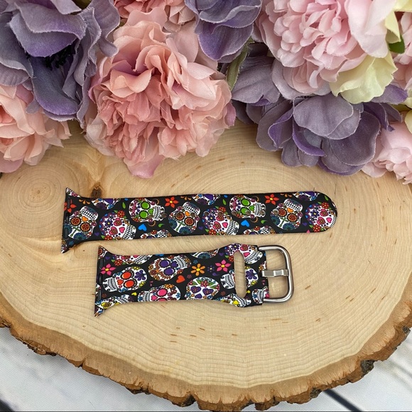 Colorful Day of the Dead Sugar Skull Silicone Watchband for Apple - Picture 6 of 13